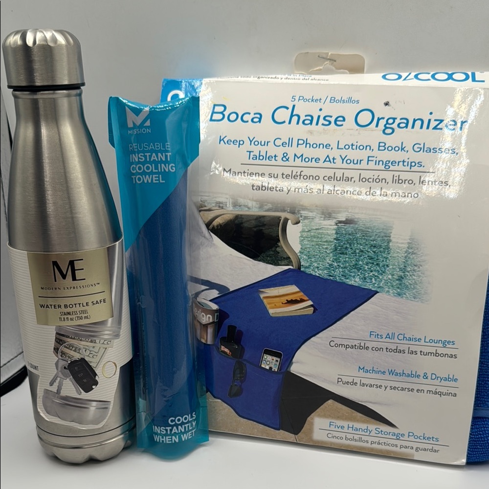 Water Bottle Safe, Cooling Towel and 5 pocket Chaise Organizer 3 pcs BUNDLE